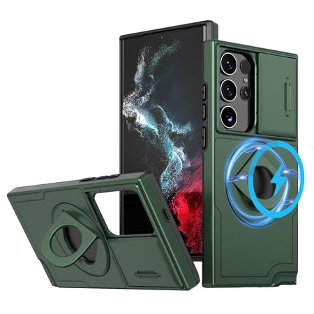 ChicShell for Samsung Galaxy S20 FE Case with 360° Rotatable Stand Holder, [Sliding Camera Cover] [Compatible MagSafe] [Military Grade Tested] Anti-Fingerprint Slim Magnetic Case Cover - Darkgreen