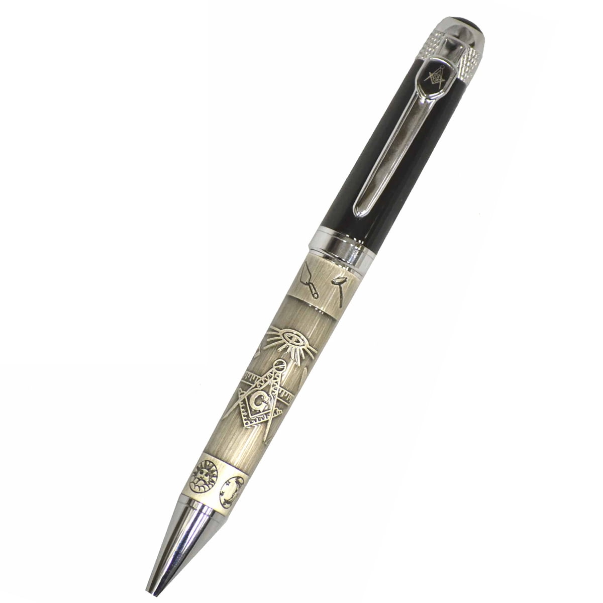 2 NEW Boxed Free Mason TwoTone Black & Pewter Ballpoint Pen with Masonic Symbols 