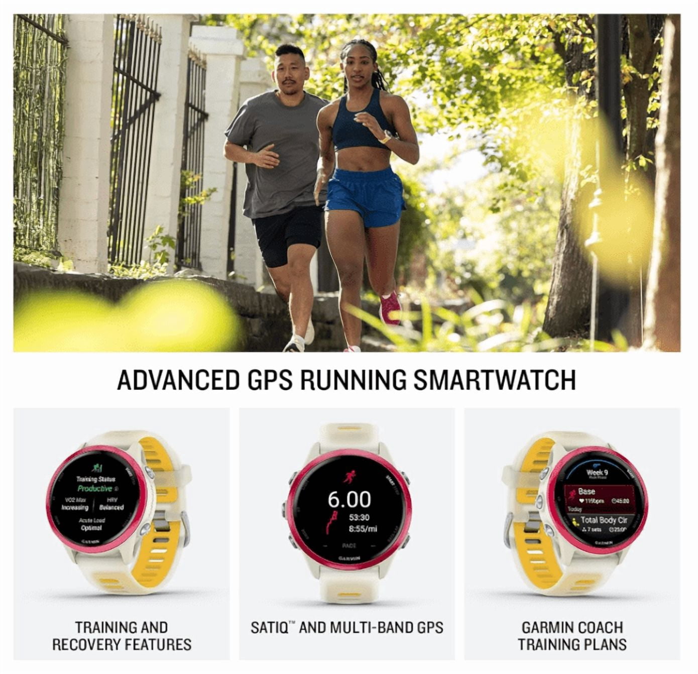 Garmin Forerunner 570 42mm Advanced GPS Running & Triathlon Smartwatch AMOLED Display Training & Recovery, Raspberry Aluminum w/ Translucent Bone/Mango Band w/ Wearable4U White EarBuds Bundle
