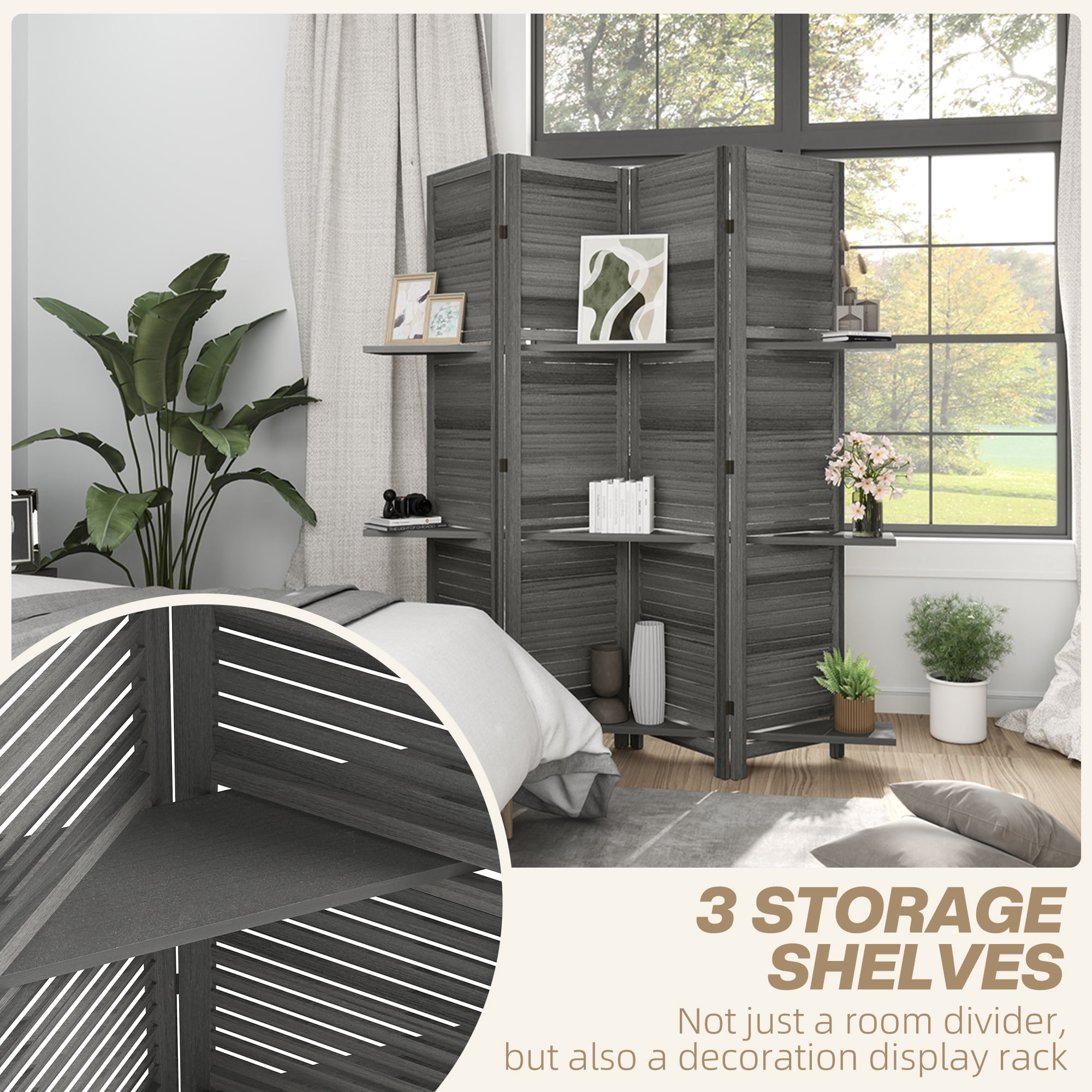 HOMCOM 4 Panel Privacy Screen, Room Divider with 3 Shelves Distressed White