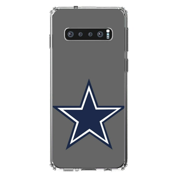 DistinctInk Clear Shockproof Hybrid Case for Samsung Galaxy S10 (6.1" Screen) - TPU Bumper, Acrylic Back, Tempered Glass Screen Protector - Dallas Star Grey Navy - Football Team