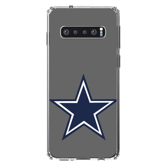 DistinctInk Clear Shockproof Hybrid Case for Samsung Galaxy S10 (6.1" Screen) - TPU Bumper, Acrylic Back, Tempered Glass Screen Protector - Dallas Star Grey Navy - Football Team