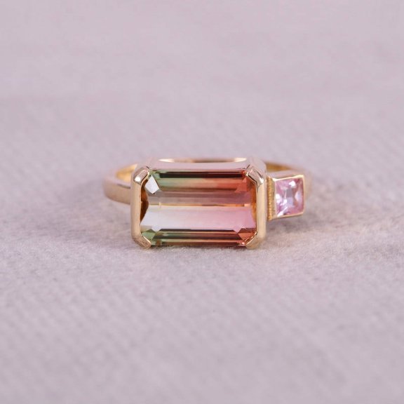Octagon Wetermelon Tourmaline & Princess Pink Sapphire Ring, Party Wear Ring, Half Bezel Ring, 925 Sterling Silver Ring, Handmade Jewelry