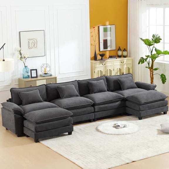 IPKIG Sectional Sofa Comfy Cloud Couch for Living Room with Pillows, Modern Velvet Sofa Sleeper Deep Couches with Two Ottoman (Grey, 6-Seat)