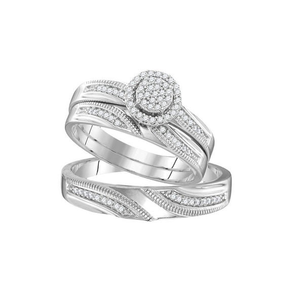 FB Jewels Sterling Silver His & Hers Round Diamond Cluster Matching Bridal Wedding Ring Band Set 1/4 Cttw