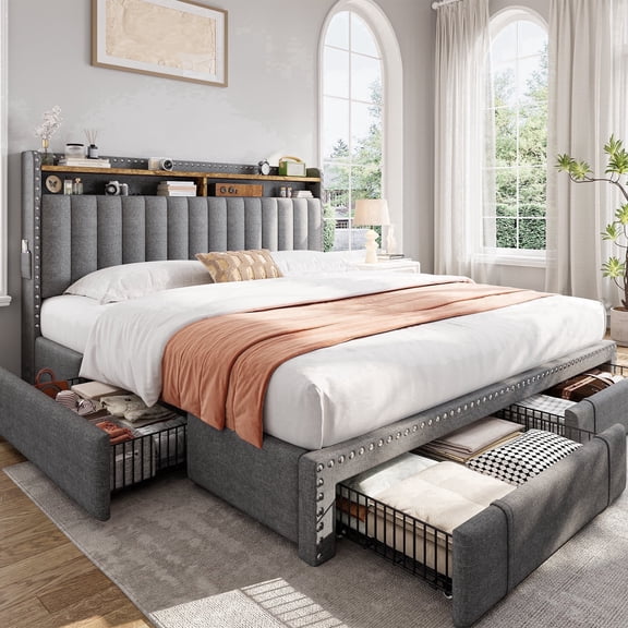 King Size Bed Frame with 4 Storage Drawers Upholstered Bed Frame with 2-Tier Shelf Bed Frame with Headboard & Side Pockets,Gray