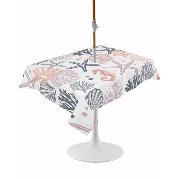 Outdoor Table Cloth with Umbrella Hole and Zipper, Coastal Ocean Waterproof Rectangle Tablecloth 54"x80", Green Pink Coral Starfish Seahorse Shell Washable Table Cover for Outside Party Patio Picnic