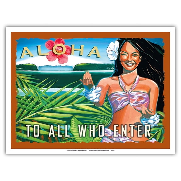 Aloha To All Who Enter - Hawaii Hula Dancer - Vintage Hawaiian Travel Poster by Wade Koniakowsky - Master Art Print (Unframed) 9in x 12in