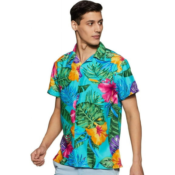 Stylore Men's Hawaiian Shirt Short-Sleeve Button-Down Bright Big Hibiscus Turquoise Medium
