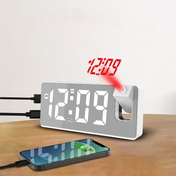Quinlirra Projection Alarm Clock for Bedroom, Digital Clock with 180° Rotatable Projector,Large Display LED Alarm Clock with Temperature-White&7.48*3.15*0.79inch