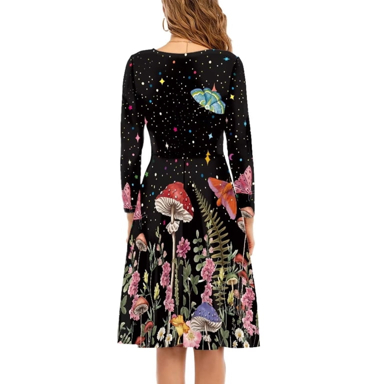 Fkelyi Mushroom Women Dress Size S Loose Star Butterfly Women Dress Long Sleeve Party Comfortable A-Line Twirl Swing Dresses for Ladies