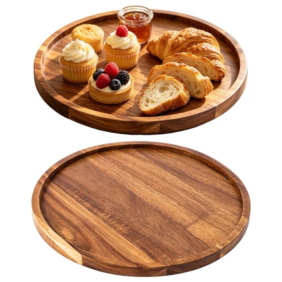 Wood Round Serving Tray | Oimcto Circular Wooden Platter with Raised Edge, Decorative Tray for Coffee Table, Charcuterie & Home Kitchen Decor