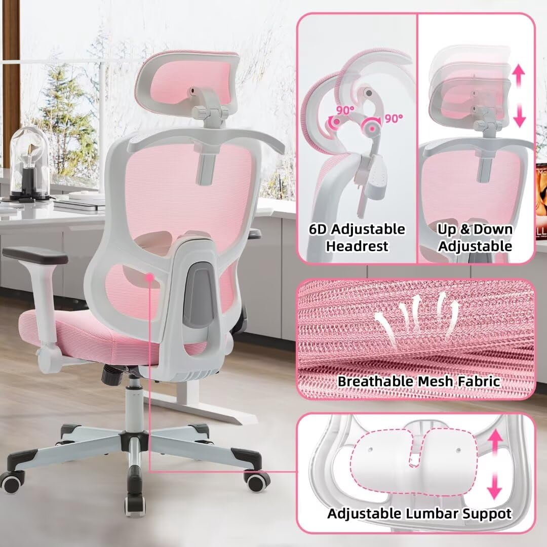 Frelaxbone Adult Mesh High Back Indoor Residential Adjustable Armrest Office Chairs, Caster,  Pink