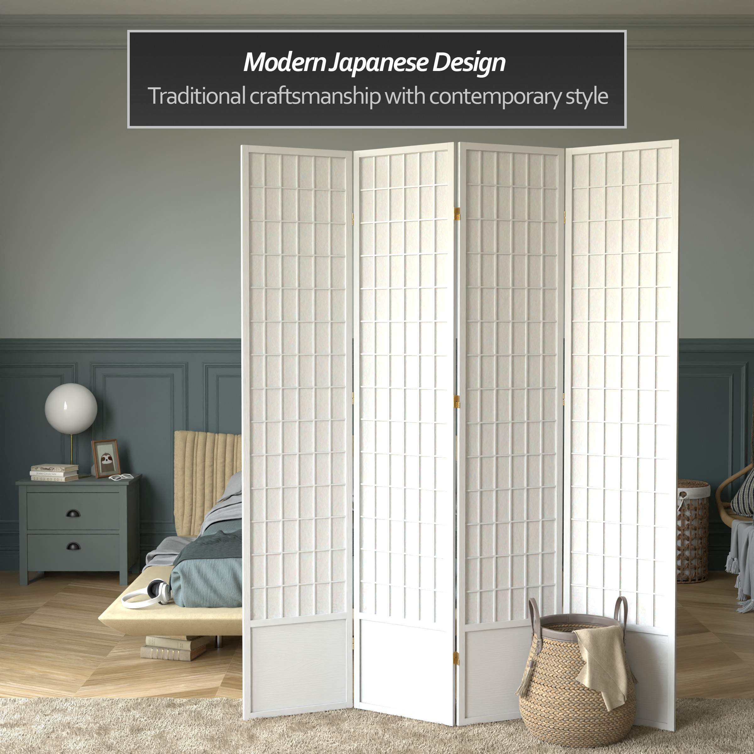 Red Lantern 7 ft. Tall Window Pane Shoji Screen - White - 4 Panels