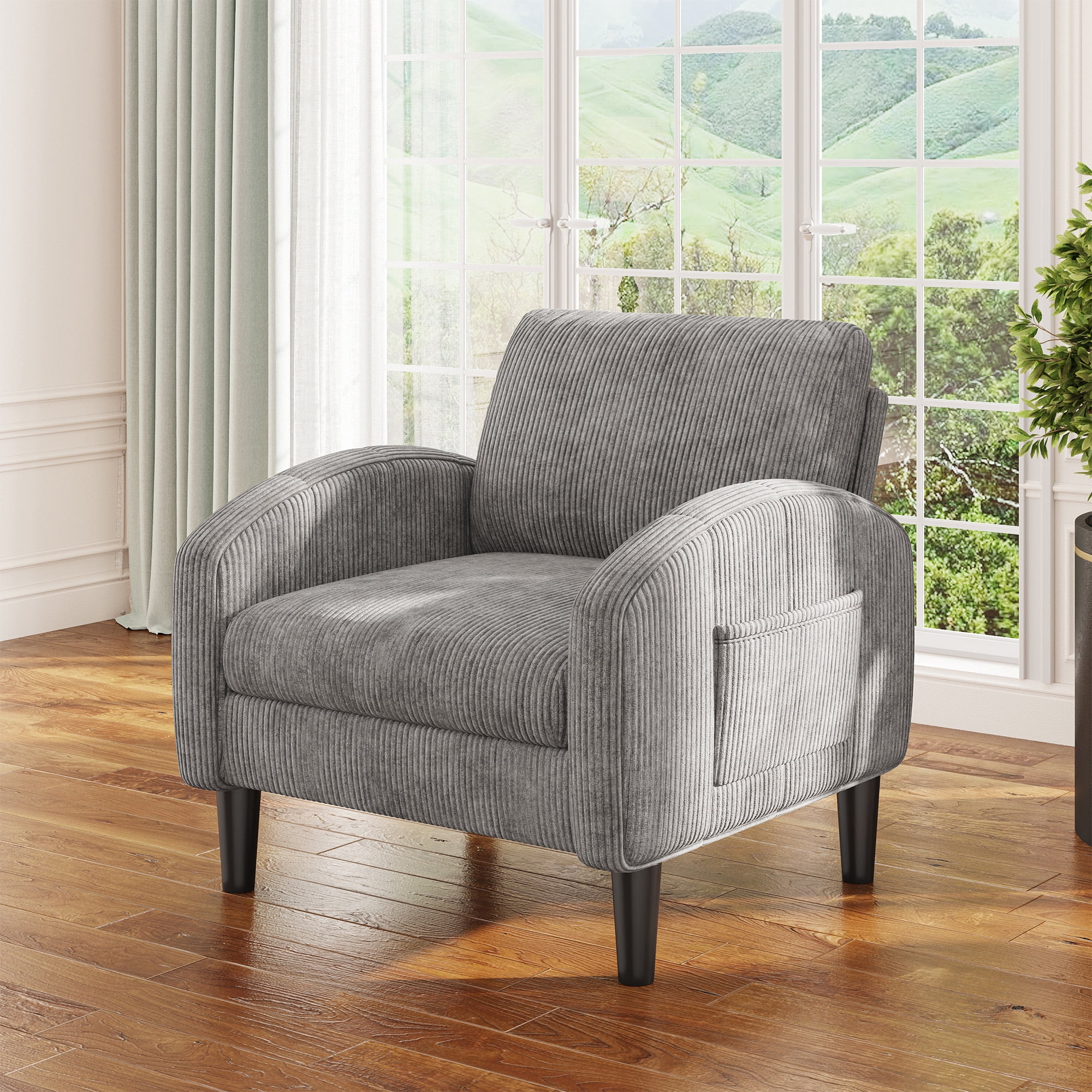 Romorgniz Mid Century Modern Accent Chair, Lounge Armchair with Extra Thick 6.3" Cushion & Side Pockets, Comfort Chair for Living Room, Bedroom, Apartment, Small Space, Light Gray
