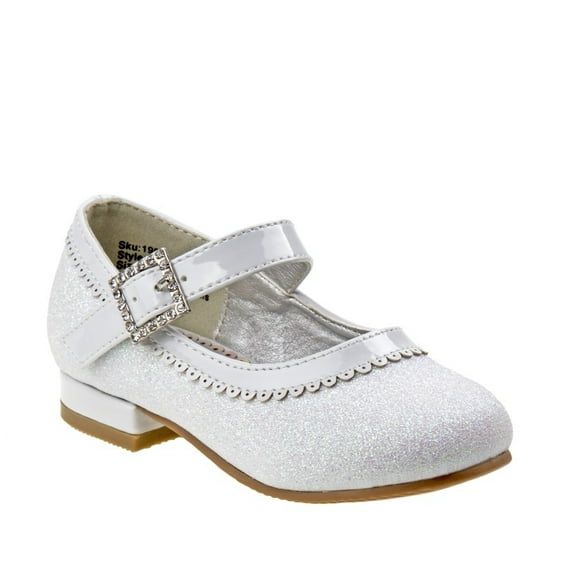 Josmo Toddler Girls Buckle Strap Low Heel Dress Shoes, White Glitter, 10