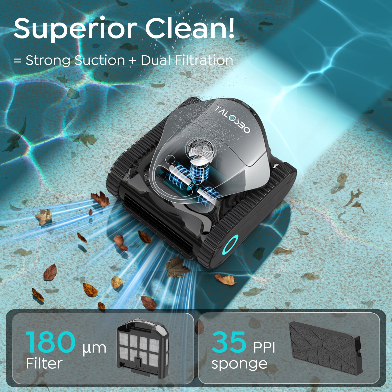 (2026 new)Talosbo C1 Cordless Robotic Pool Vacuum Cleaner with Wall &Waterline Cleaning, for Inground Pools Up to 1615 sq.ft, 180 Min,Dual Filtration, Smart Navigation, App Support