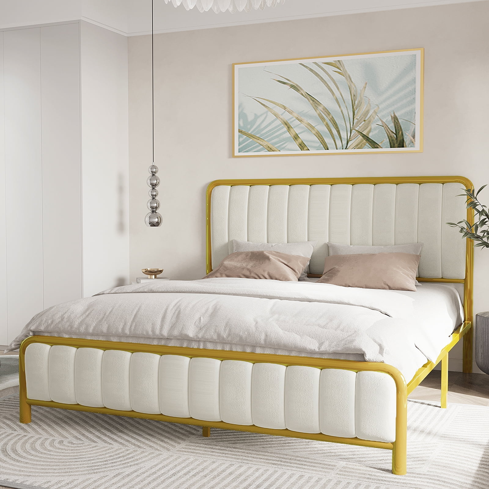 Queen Size Velvet Bed Frame with Headboard, Velvet Upholstered Platform