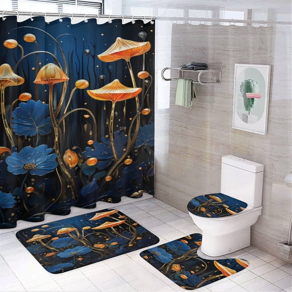 4 Piece Shower Curtain Sets Bathroom Sets with Curtain Rug Toilet Cover And U Shaped Mat Dark Aquamarine And Pink Floral Bath Curtain Bright Gold Teal And Turquoise Abstract