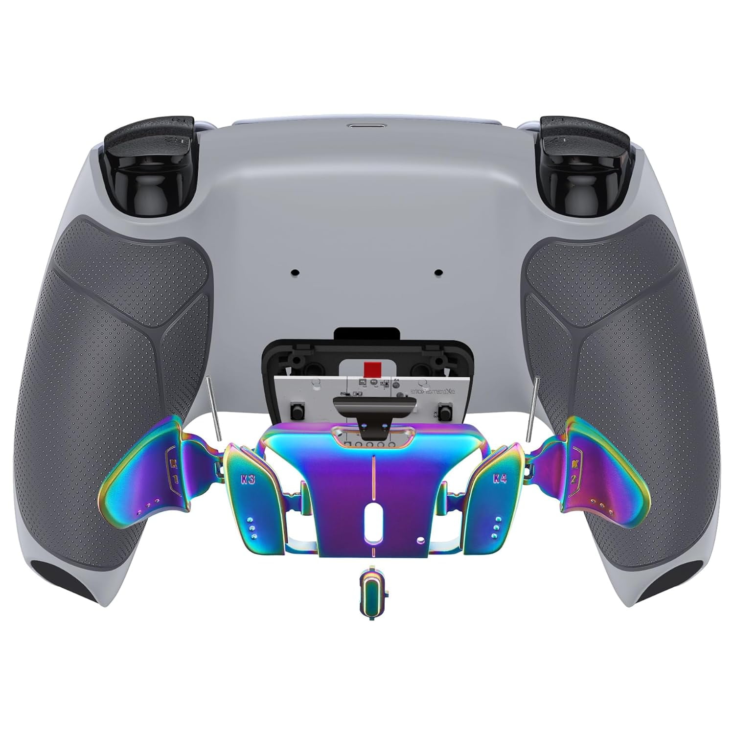 eXtremeRate Rainbow Aura Blue Purple Programmable Real Metal Buttons (RMB) RISE4 Remap Kit for PS5 Controller BDM 010 BDM 020, Upgrade Board & Chameleon Back Shell & 4 Back Buttons for PS5 Controller