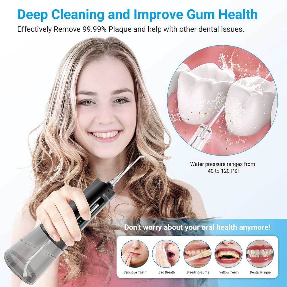 Homsay Cordless Water Flosser, Portable Dental Teeth Cleaner, 300ML Tank USB Rechargeable Dental Oral Irrigator for Home and Travel, 4 Modes , IPX7 Waterproof, Easy-to-Clean（Black）