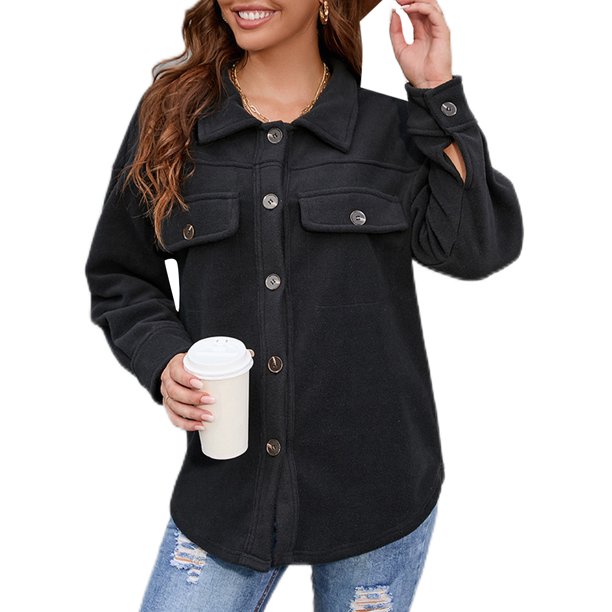 Bellella Ladies Casual Cardigan Lapel Button Down Fleece Shirt Jackets  Travel Jacket Black M 