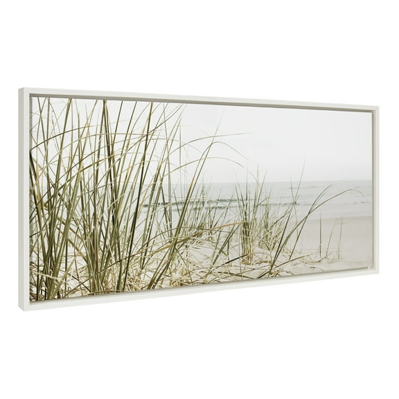 Kate and Laurel Sylvie Calming Beach Grass Framed Canvas Wall Art by The Creative Bunch Studio, 18x40 White, Natural Ocean Grasses Landscape Art for Wall