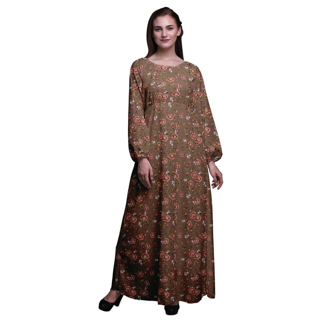 Bimba Robe Maxi à Manches Longues pour Femmes en Georgette Mousse à Imprimé Floral Feuilles et Camélia Kanjiro, Taille Élastique - Grande