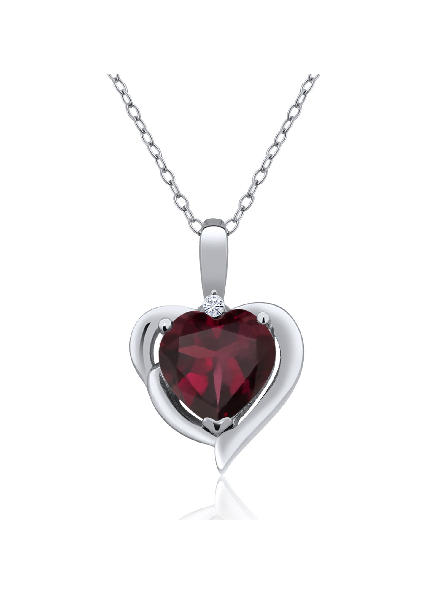 925 Sterling Silver Rhodium Plated Garnet and Cubic Zirconia Heart Shaped Pendant 