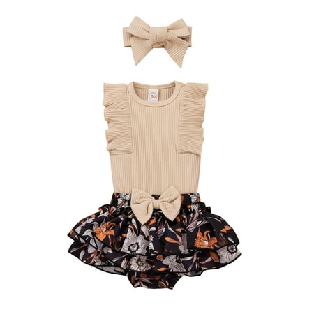 

Ahdbta Baby Girls Crewneck Romper Dress Ruffle Sleeveless Ribbed Knit Bodysuits Bowknot Floral Printed Outfit with Headband