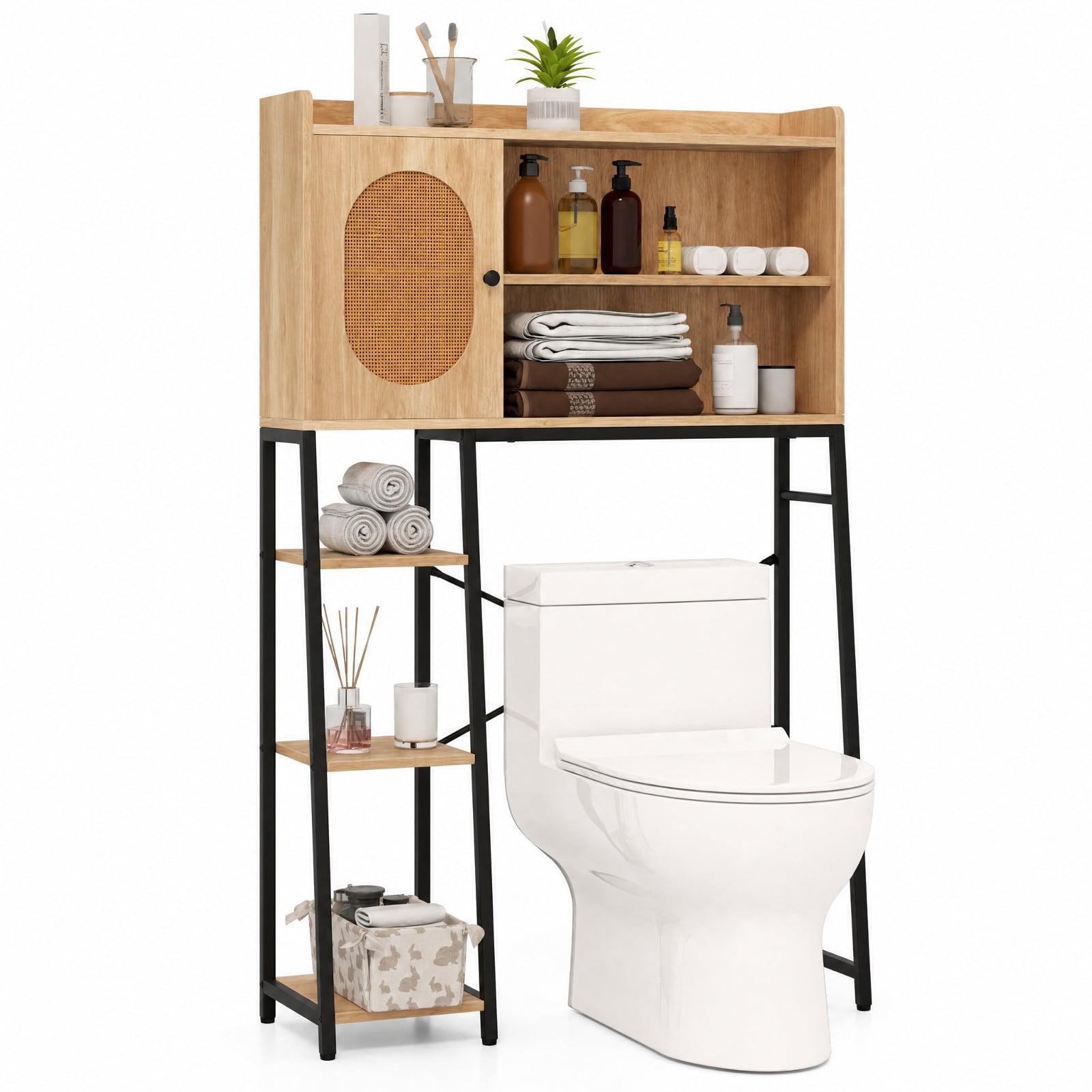 Vebreda Over-the-Toilet Storage, Over The Toilet Storage Cabinet with PE Rattan Door and Open Storage Shelves, Diverse and Flexible Storage Space