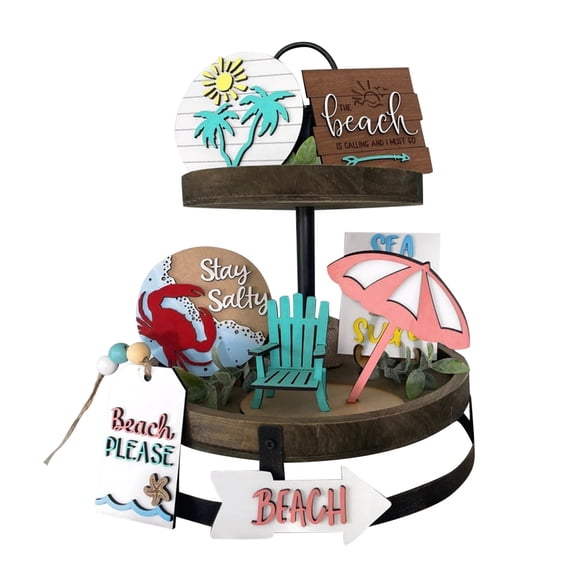 Summer Wooden Tiered Tray Decor Set - Reliable Wood Material, Classic Summer Colors/Designs (Watermelon/Red/Green), Suitable for Kitchen Living Room Desk Decor