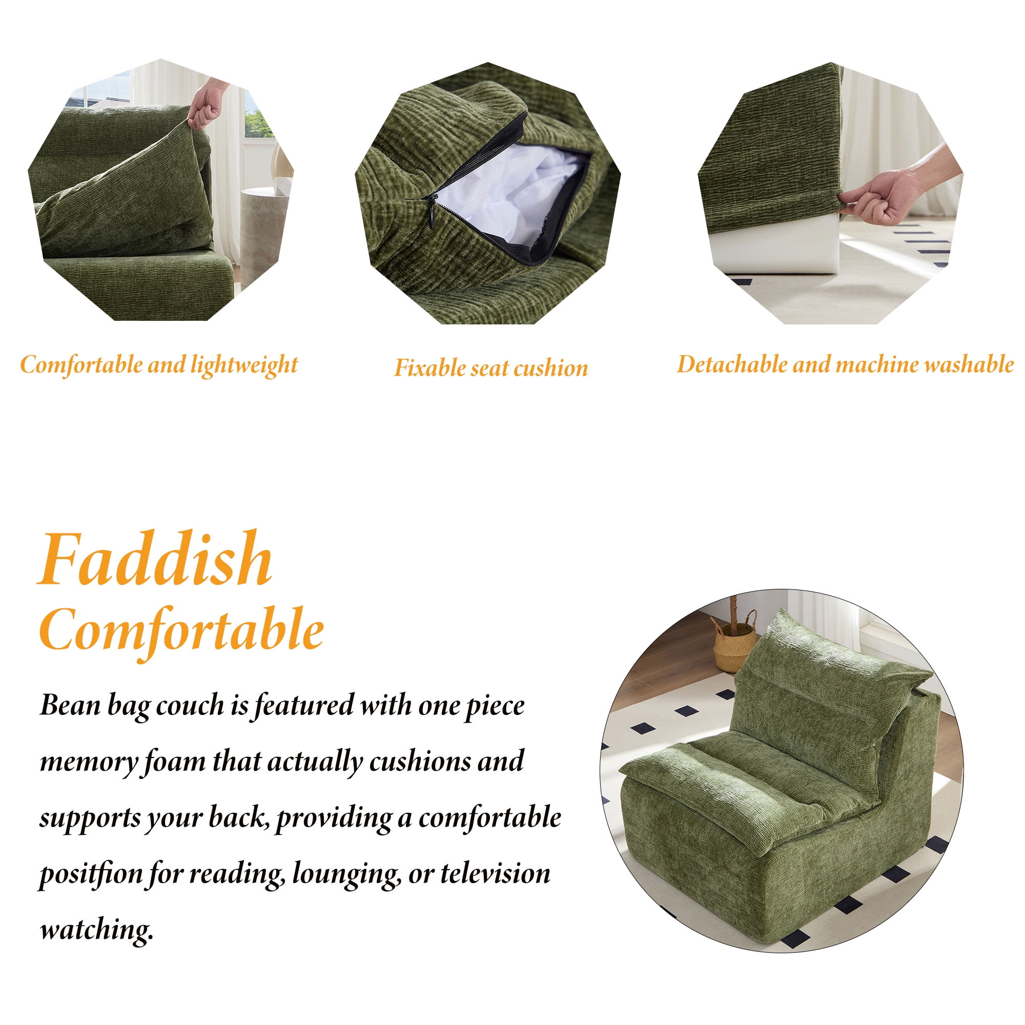 Memory Foam Bean Bag Sofa Chair ,Ultimate Comfort for Lounging, Gaming & Relaxing with Removable, Washable Cover
