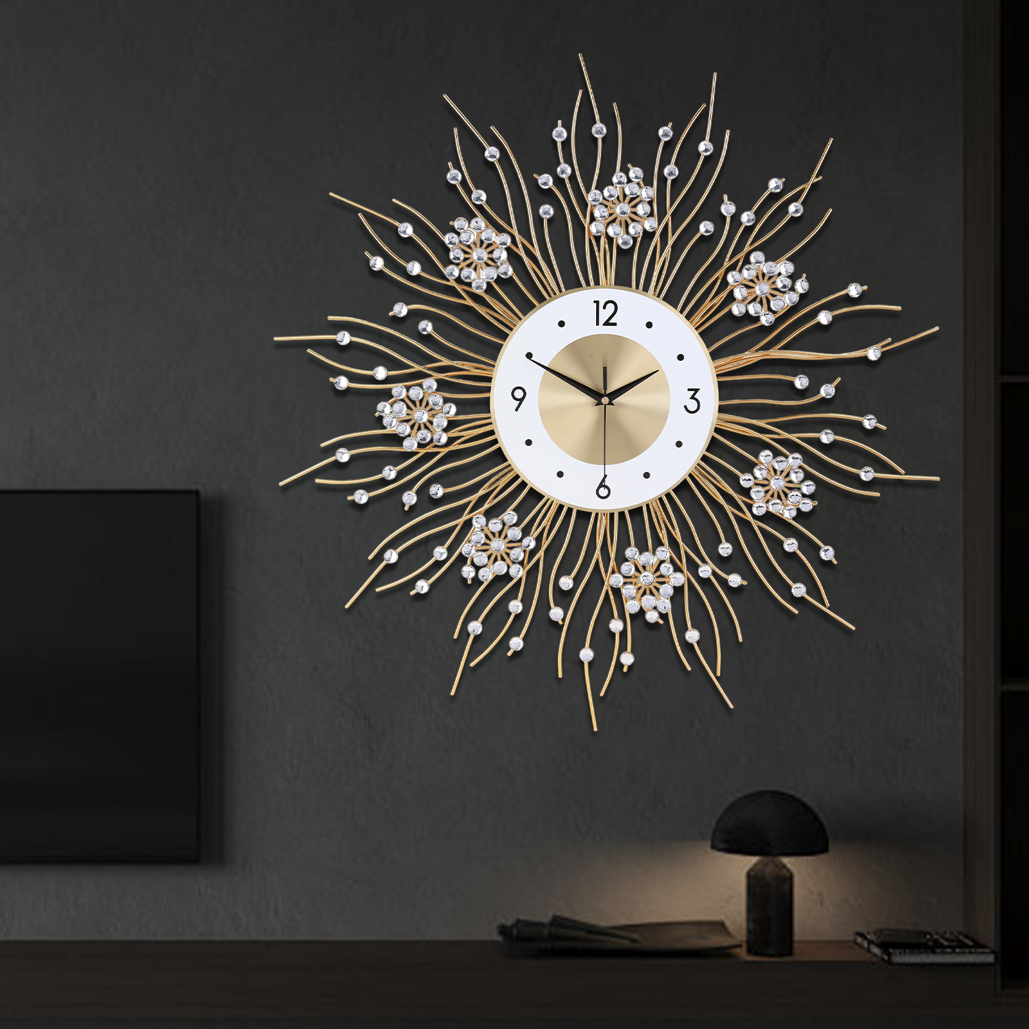 Luxury Sunburst Wall Clock with Crystal Accents -27.5 Inches Clock  Christmas & New Year Modern Decor for Living Room, Bedroom, Office