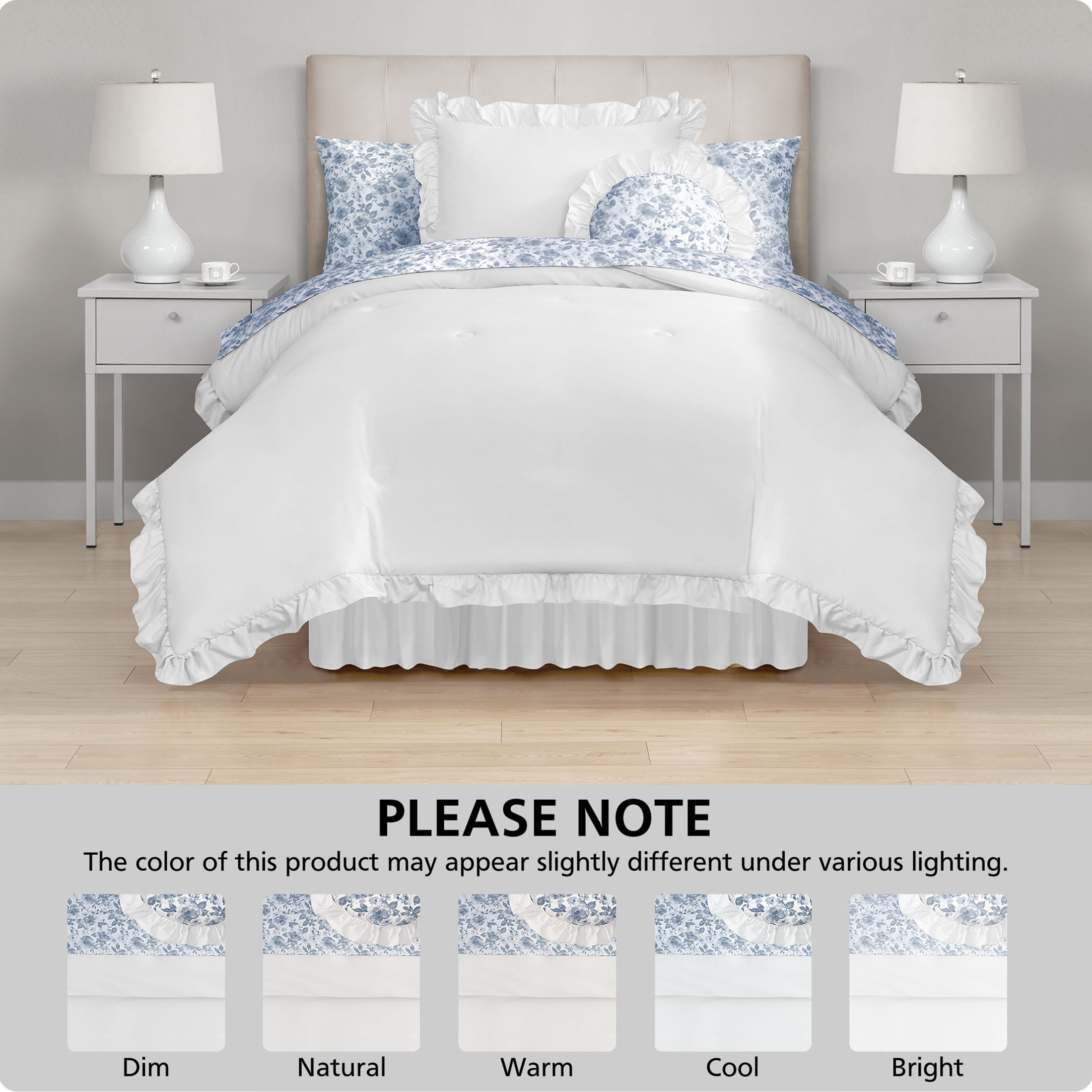 Mainstays All in One Reversible Comforter and Sheet Set- 8 Piece, Twin, White and Blue Ruffle
