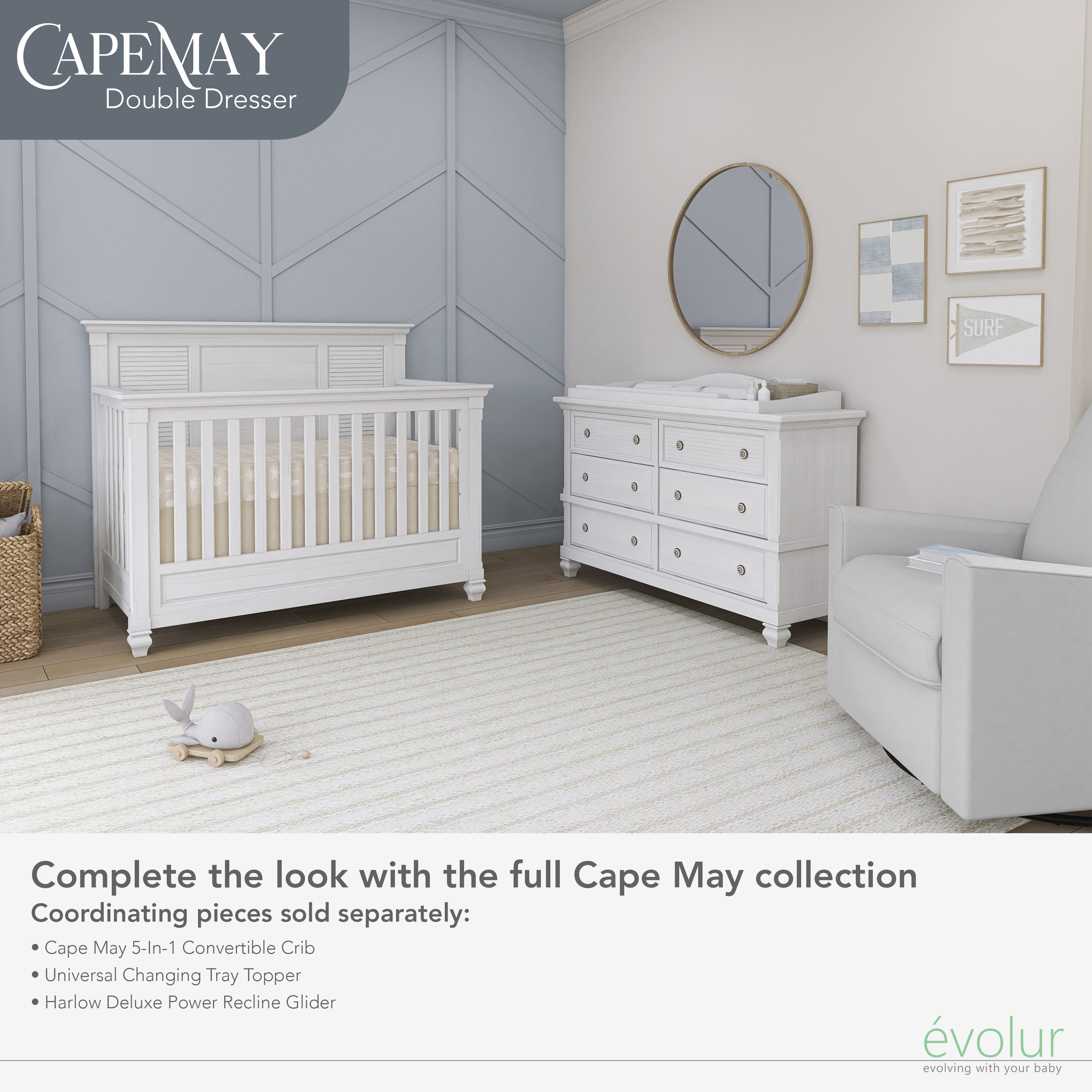 Evolur Signature Cape May Double Dresser, Weathered White, 6 Drawers