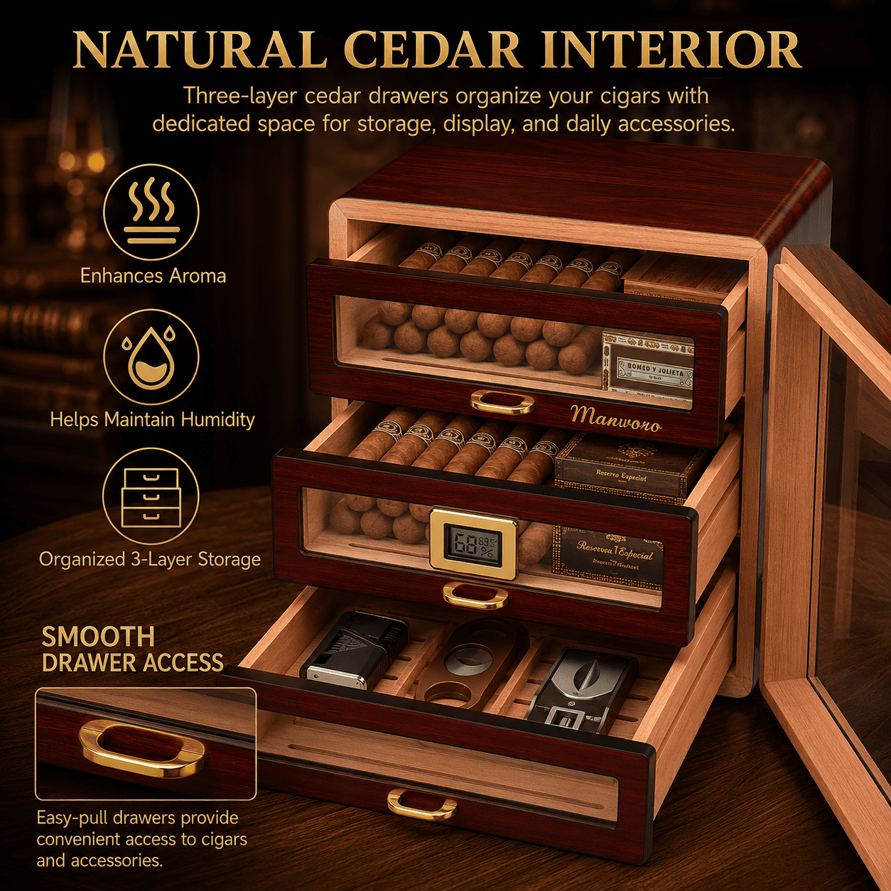 Marvero Cedar Wood Cigar Humidor Cabinet, Digital Hygrometer, 3 Movable Drawers, Double Glass Door, Gold-Plated Hardware, Humidifier, Holds Up to 100-200Cigars