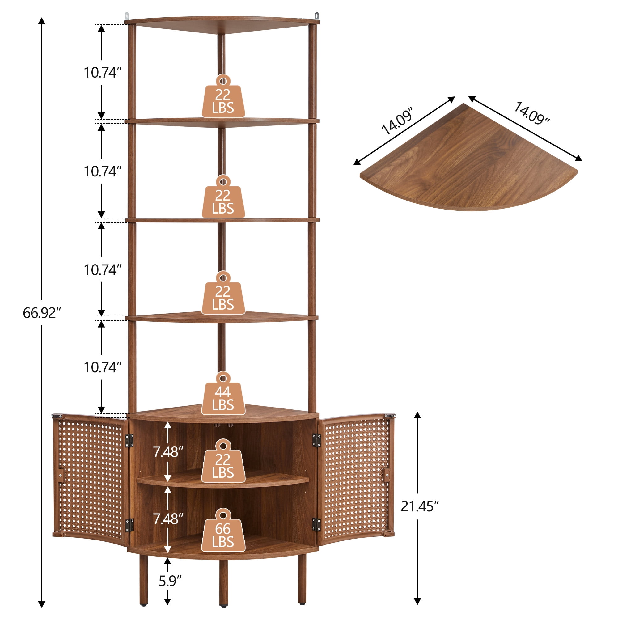 YOCWO 67" Tall Corner Bookshelf with 4-Tier Display Shelves and 2 Door Storage Cabinet, Metal Rattan Door Design, Walnut