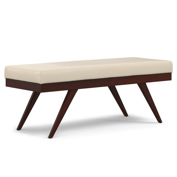Simpli Home Chanelle 48 inch Wide Mid Century Modern Rectangle Ottoman Bench in Satin Cream Vegan Faux Leather