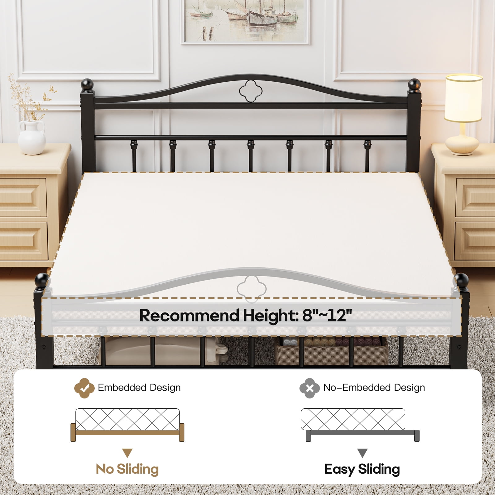 Queen Bed Frame with Headboard - Heavy Duty  Bed Frame Queen Size Supports 1500LBS, Noise Free, Under-Bed Storage, No Box Spring Needed, Easy Assembly, Black