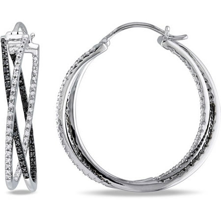 1/2 Carat T.W. Black and White Diamond Sterling Silver Criss-Cross Hoop Earrings