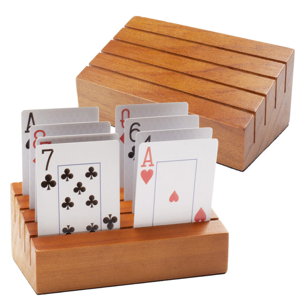 Set of 2 Wood Curved Playing Card Holders Rack Hands Free Trays for