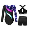 thumbnail image 2 of TiaoBug Kids Girls Gymnastics Leotard Dance Outfits Long Sleeve Rhinestone Bodysuit with Crop Top Short Navy Blue 12, 2 of 3