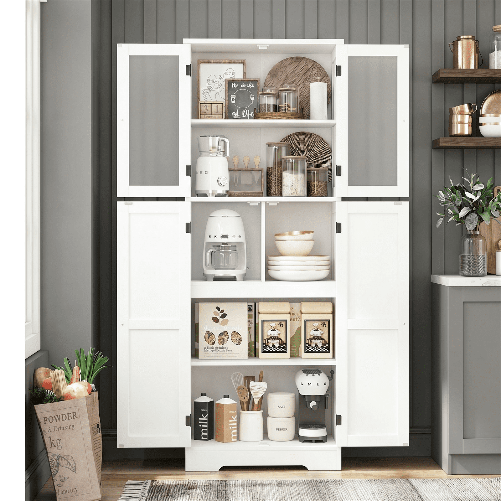 Homfa 67" Farmhouse Kitchen Pantry Storage Cabinet with Glass Doors, Freestanding Cupboard Storage Cabinet for Small Space, White