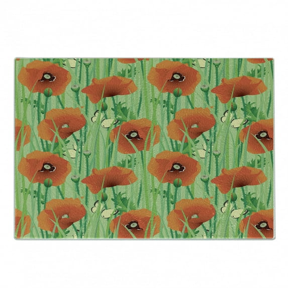 Spring Cutting Board, Scarlet Poppy Flowers Field with Butterflies Inspirational Wild Herbs Design, Decorative Tempered Glass Cutting and Serving Board, Small Size, Fern Green Scarlet, by Ambesonne