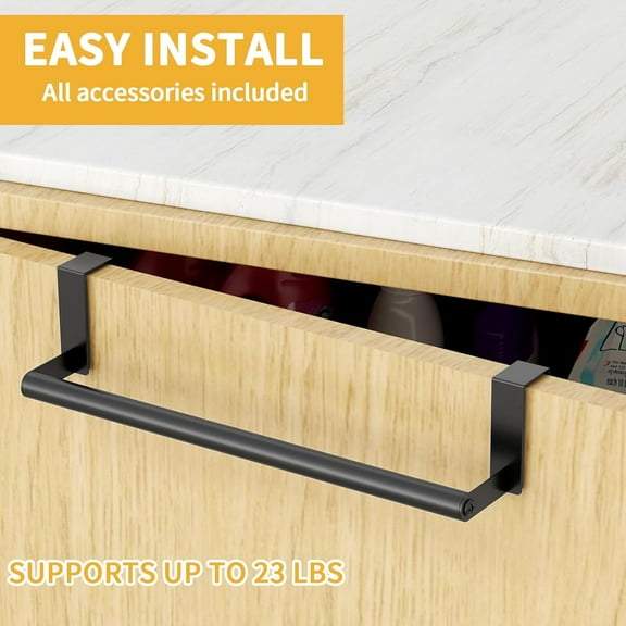 Kitchen Towel Holder Over Cabinet Door Towel Bar Stainless Steel for Cupboard, Over The Door Towel Rack for Kitchen Dish Towel Holder Hanger, 2 Pack (Black)