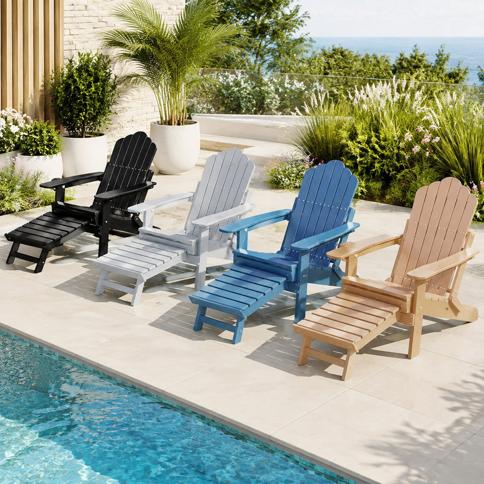 Furnibear All Weather HIPS Folding Adirondack Lounge Chair with 4 Position Backrest Retractable Footrest and Cup Holder for Patio Lawn Garden, Gray