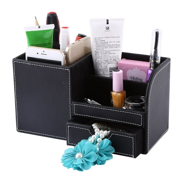 Organizador de oficina Heaveant, 1 unidad, de madera y cuero, multifunción, para escritorio, papelería, caja de almacenamiento, estuche para lápices y bolígrafos.