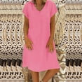 thumbnail image 2 of Robes pour Femmes Liquidation Femmes Manches Courtes Col en V Décontracté Chaud Vacances Couleur Unie Mini Robe Droite Coton Lin Robe T-Shirt Printemps Été Robes pour Femmes, 2 of 5