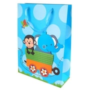 Monkey/Elephant Train Ride Circle Dots Baby Shower Paper Gift Bags, Blue, 16-Inch